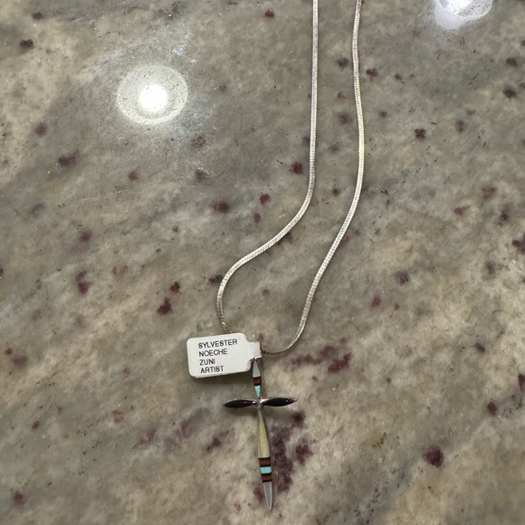 Zuni Sterling Multicolor Cross Pendant with chain - Picture 2 of 6